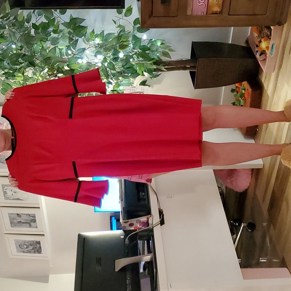 CALVIN KLEIN RED BELOW THE KNEE DRESS BELL SLEEVES SZ 14. NWT